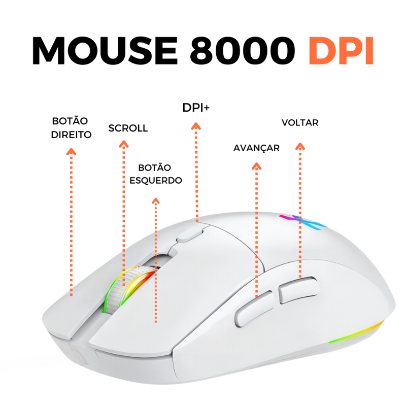 Mouse Gamer Jogo Ergonômico 8000dpi Óptico Com Fio Led Rgb Usb Pc Computador Branco Preto Titorion