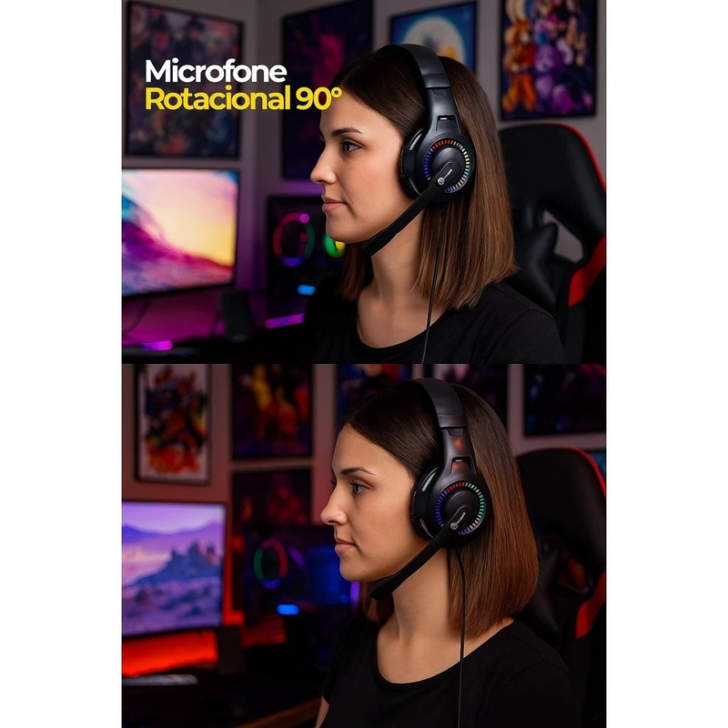 Headset Gamer Fio RGB Preto USB P2/P3 Profissional para PC Xbox PS4 Vídeogame | Som Potente e Conforto