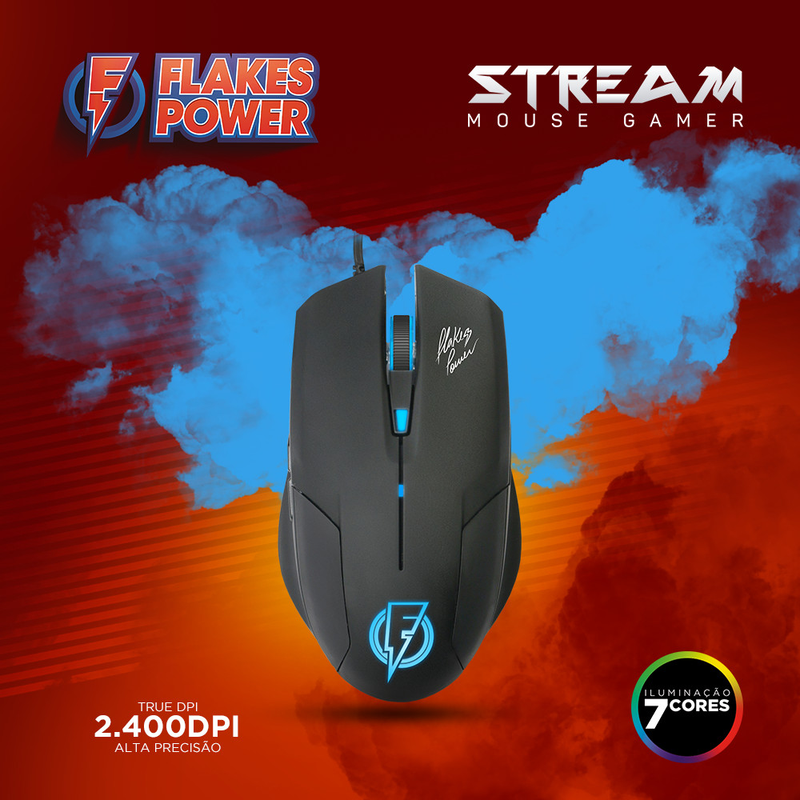 Mouse Gamer Flakes Power Stream 2400 DPI 6 Botões LED 7 Cores Óptico 5G Cabo 1,6 metros FLKM002, ELG